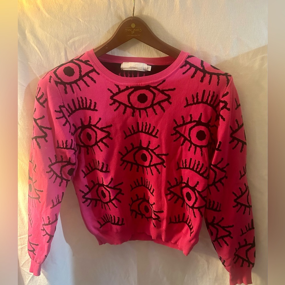 Lizette Collection Evil Eye Knit Sweater XL Pink Red Boho Cottagecore